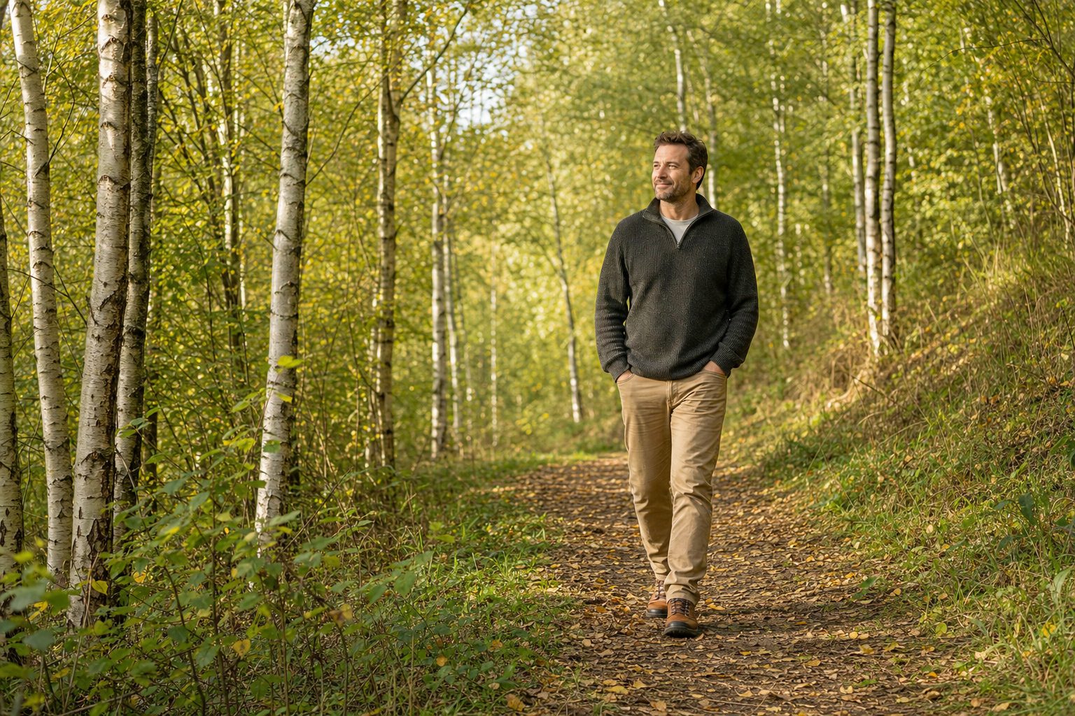 A man of about forty-five walking on a path through a sunlit birch wood in early autumn, hands in pockets, looking relaxed, with dappled light through green and gold leaves.