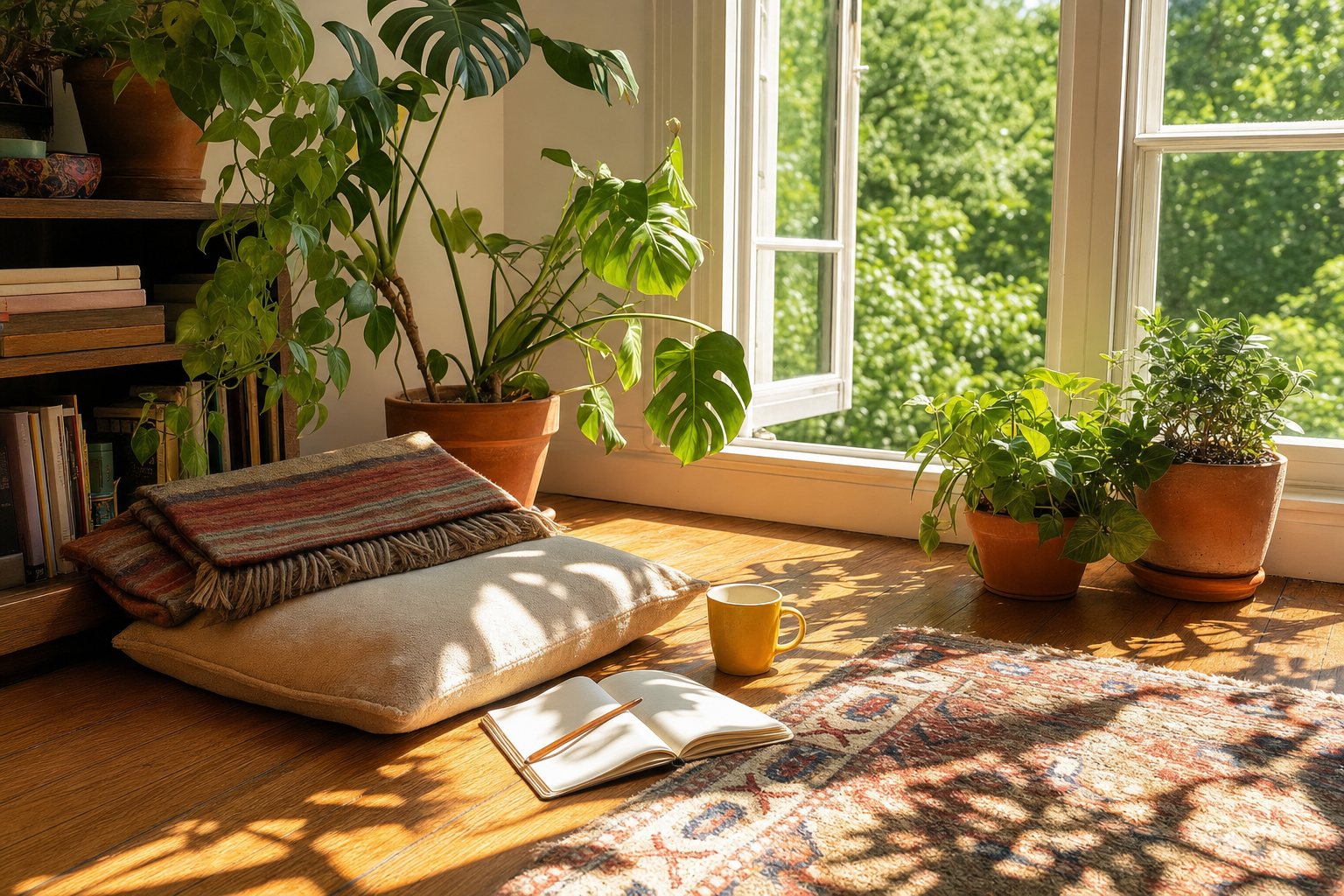 A woman sitting upright and at ease in an armchair beside a sunny window in a lived-in living room, houseplants and a mug on the side table.