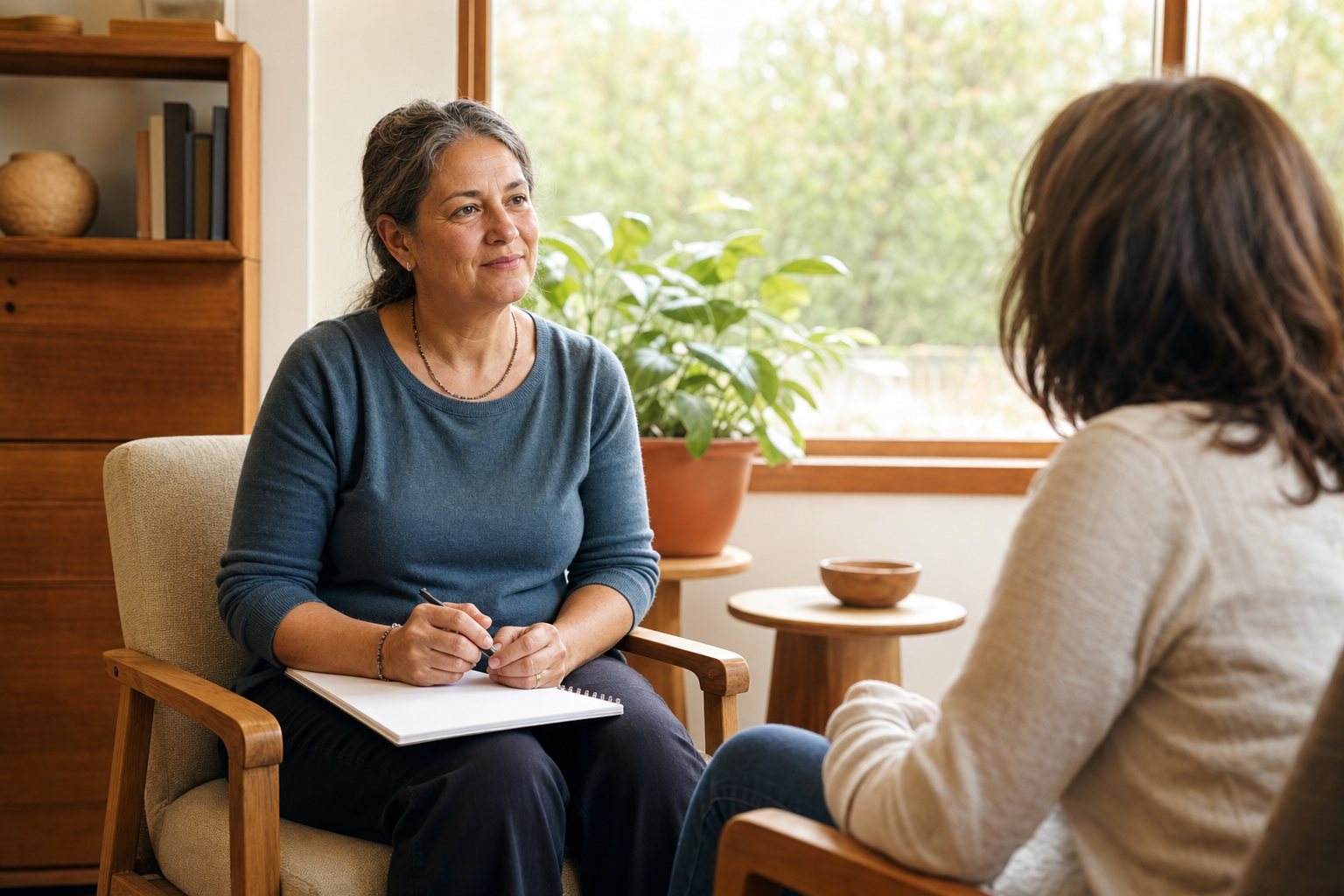 A clinician sitting and listening to a patient in a bright consulting room with a window, plants and bookshelves, a notepad resting on her knee.
