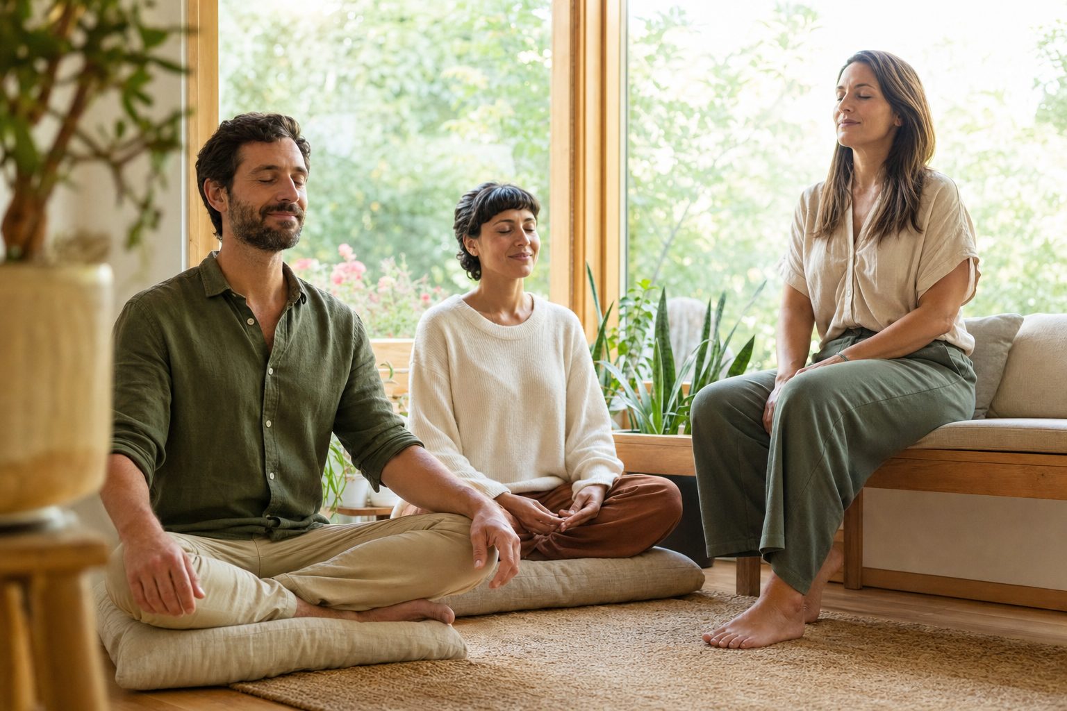Three adults in their thirties and forties sitting comfortably upright on cushions in a bright airy room with a large window onto a garden, eyes softly closed and faces relaxed.