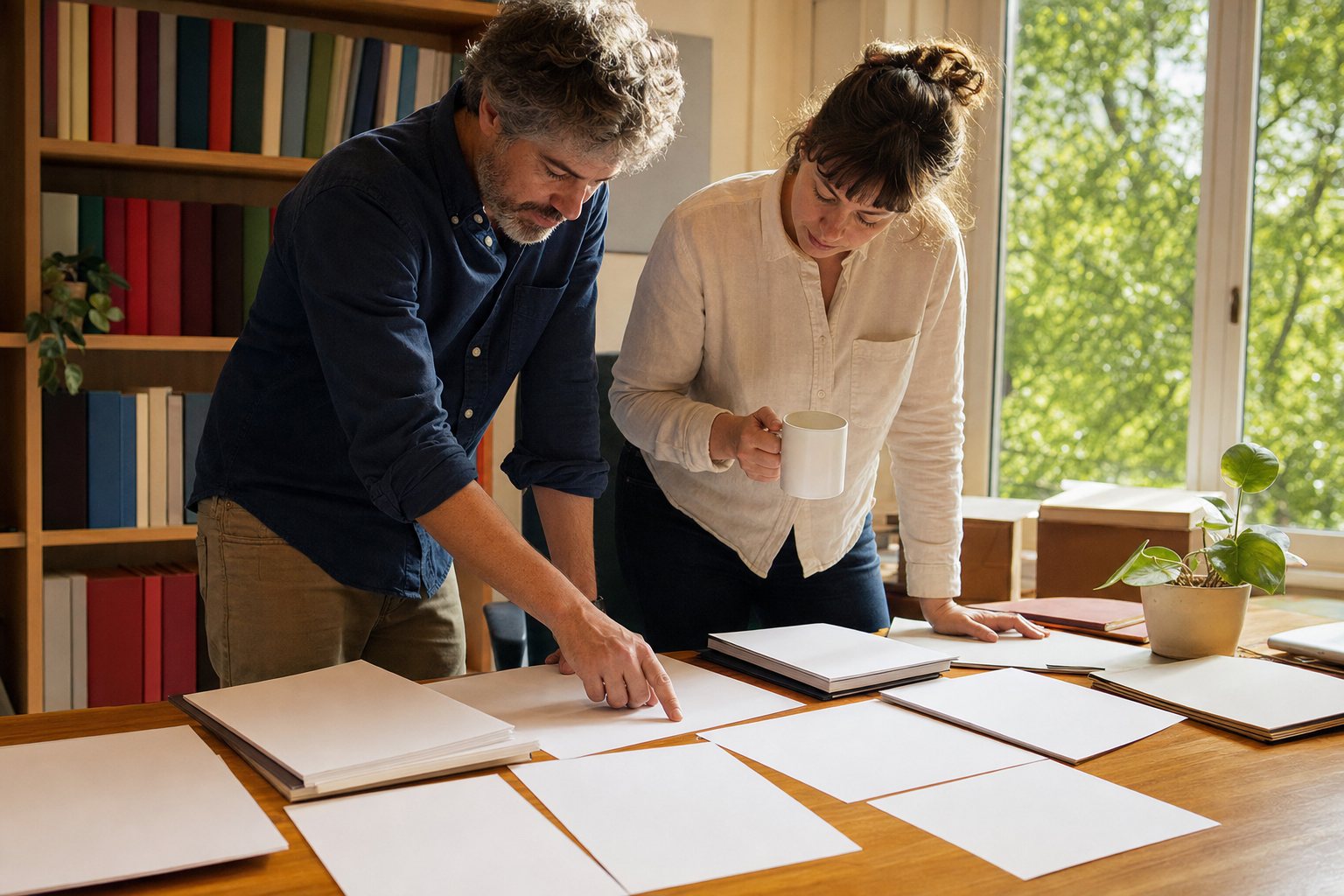 Two researchers standing at a sunlit desk in a university office, one pointing at a page in a stack of printed papers while the other listens holding a mug.