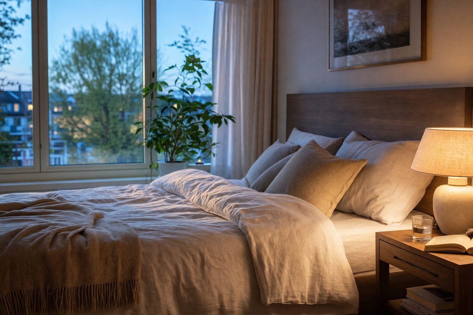 A calm inviting bedroom at dusk with a lit bedside lamp, linen bedding turned back, a book and a glass of water on the nightstand and a plant by the window.
