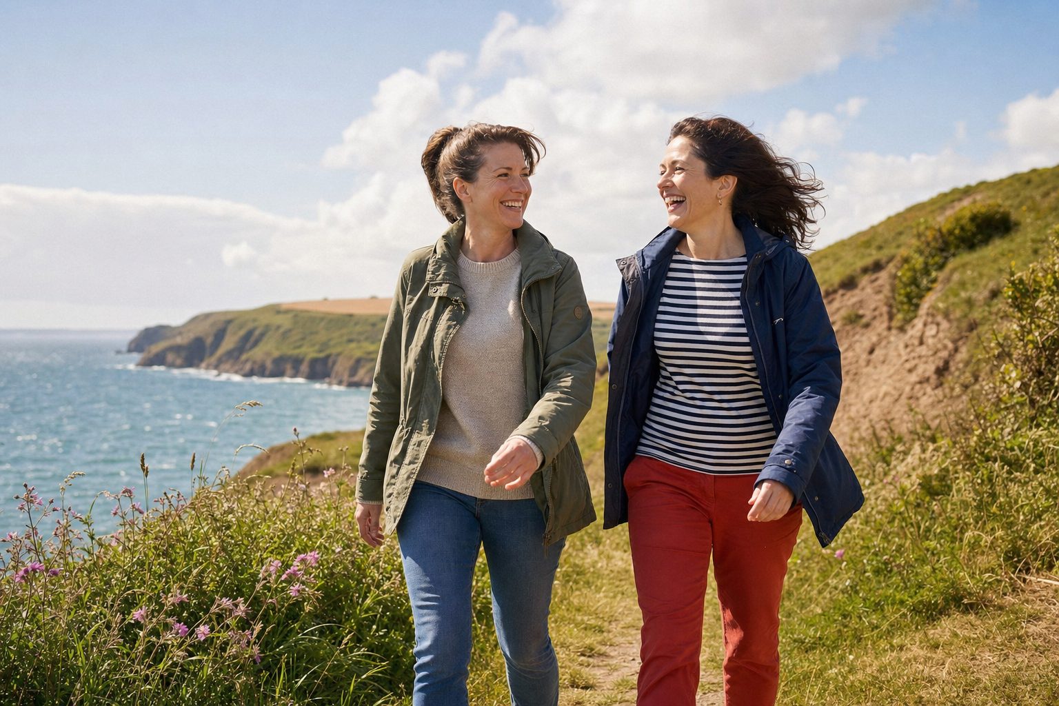 Two friends in their forties walking and laughing together along a coastal grass path on a bright breezy day, with sea and sky behind them and wildflowers at the path edge.