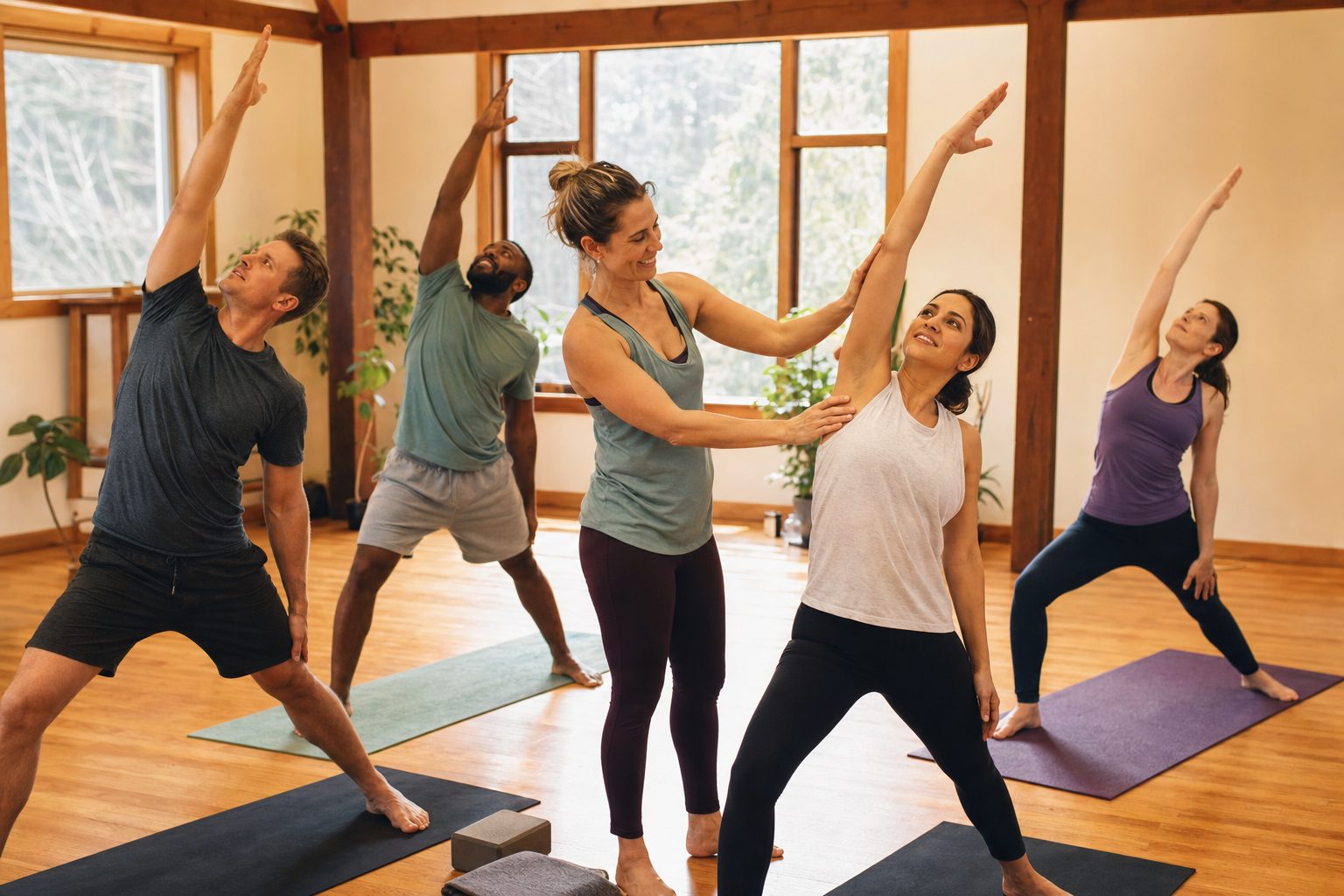 A small yoga class of five adults in their thirties and forties on mats in a sunlit wooden-floored studio with tall windows and plants, the teacher smiling as she adjusts one person's arm.