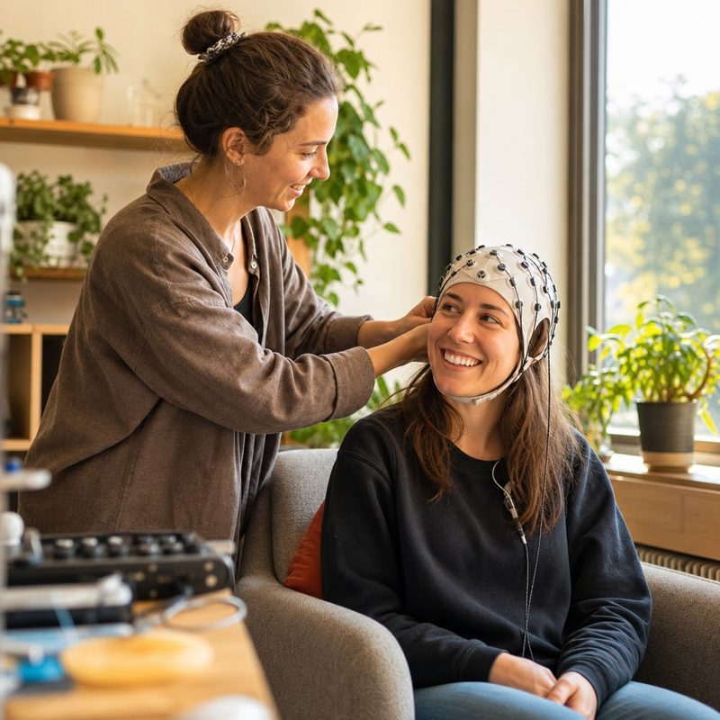 A researcher fitting a soft EEG cap onto a smiling volunteer seated in an armchair in a bright plant-filled lab, the two of them mid-conversation.