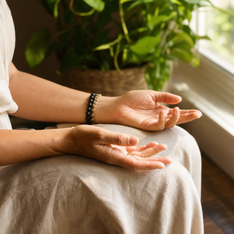 A close warm-lit crop of a woman's hands resting open and relaxed on her linen-trousered knees as she sits by a sunny window, a houseplant behind her.